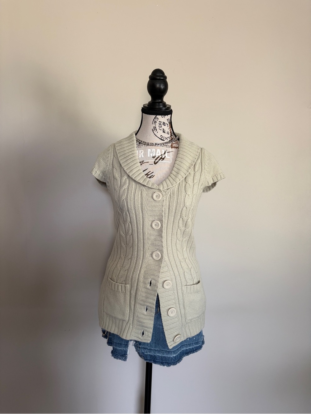 Y2K Cream Cable Knit Cardigan Shawl Collar Button Front Pockets